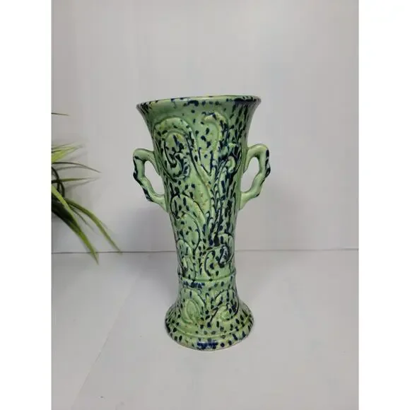 Vintage Green & Cobalt Pottery Vase, Double Handle, Japan - Picture 3 of 5
